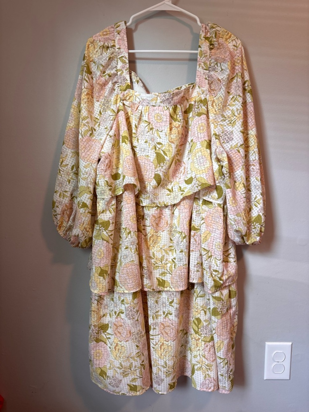 Who What Wear Pink and Green Plaid Floral Tiered Dress